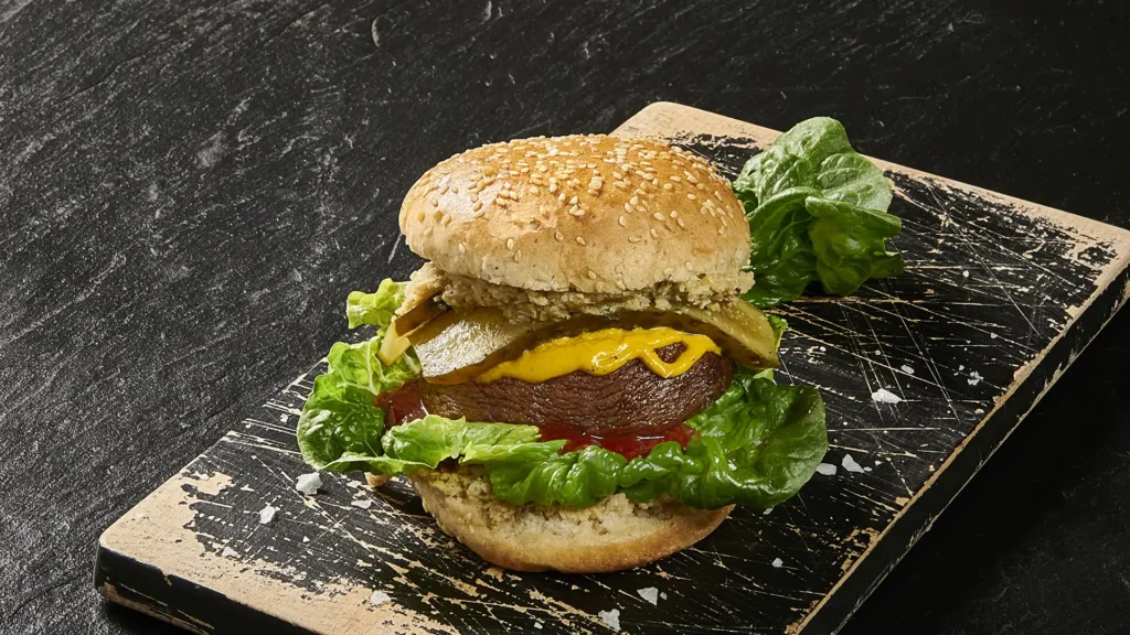 Vegansk Burger med portobello, syltede agurker og artiskokcreme